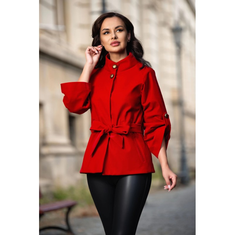 Jacheta Effect din catifea rosie cu maneca reglabila si guler inalt