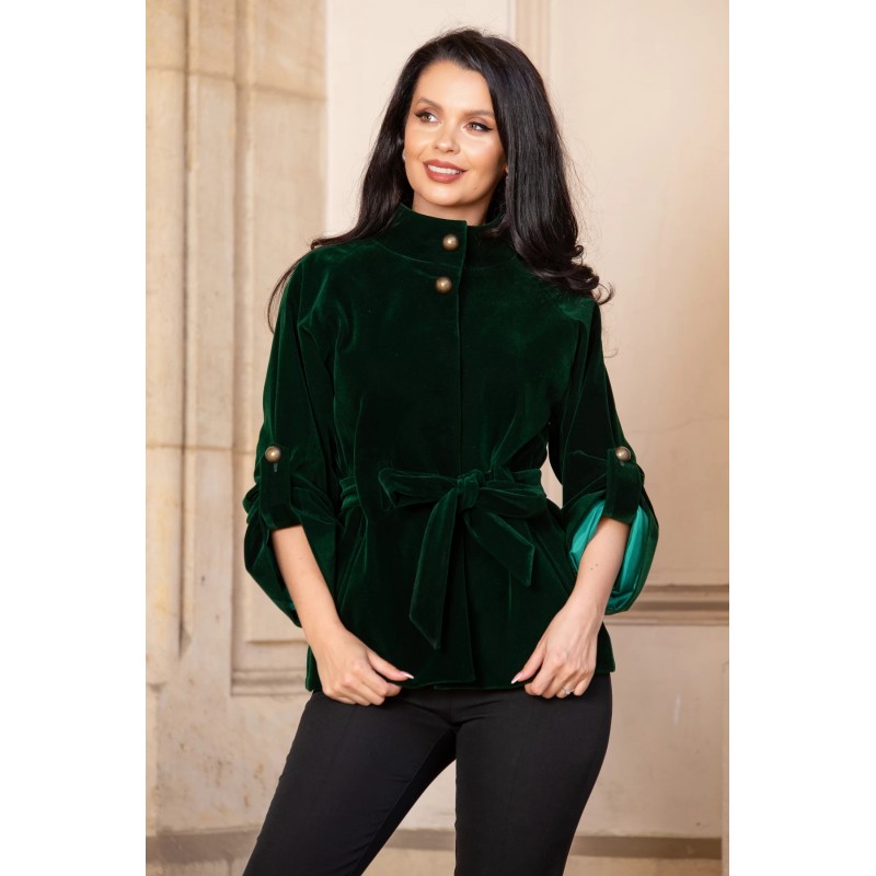 Jacheta din catifea verde cu maneca reglabila si guler inalt