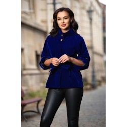 Jacheta Effect din catifea albastru royal cu maneca reglabila si guler inalt