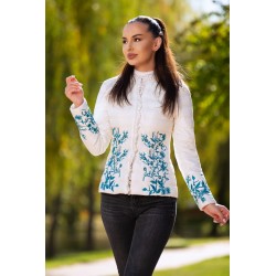 Jacheta dama eleganta ivoire cu broderie turquoise