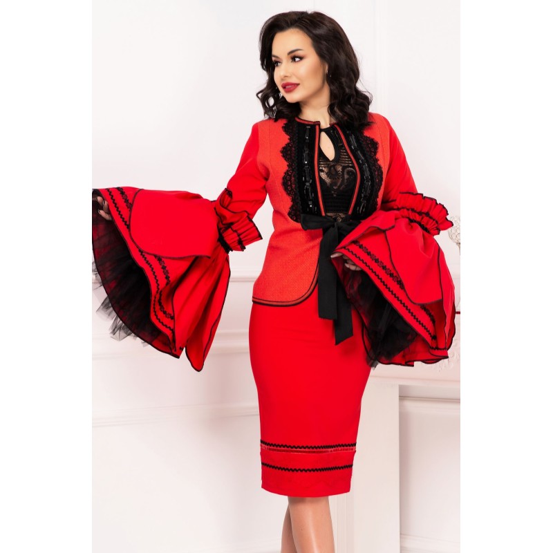 Jacheta eleganta rosie cu maneci tip petale de lalea