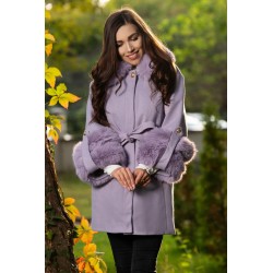 Palton din stofa lila elegant cu insertii din blana ecologica