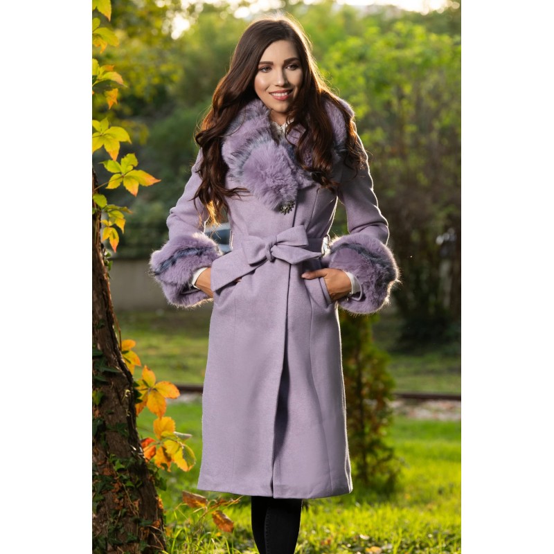Palton din stofa Nadira lila cu blana la guler si mansete