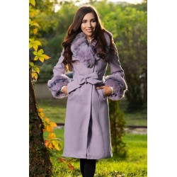 Palton din stofa Nadira lila cu blana la guler si mansete