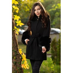 Palton din stofa negru elegant cu insertii din blana ecologica