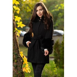 Palton din stofa negru elegant cu insertii din blana ecologica