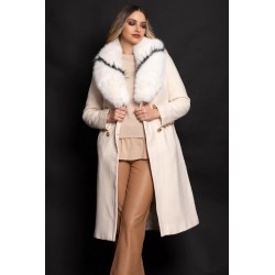 Palton din stofa crem matlasat Amarah cu blana ecologica