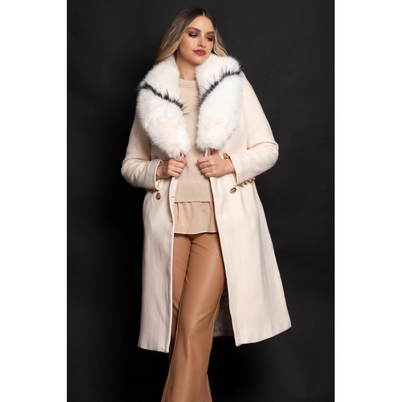 Palton din stofa crem matlasat Amarah cu blana ecologica