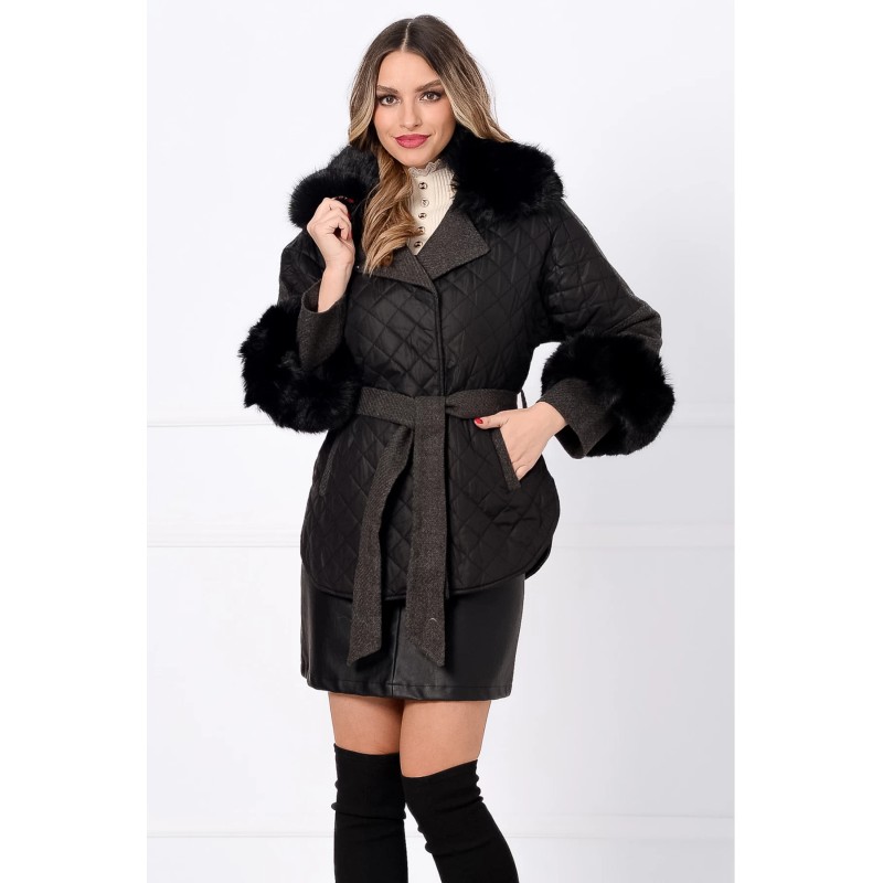 Palton dama scurt negru Svetlana cu insertii de fas si blana eco