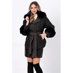 Palton dama scurt negru Svetlana cu insertii de fas si blana eco
