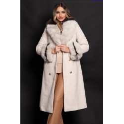 Palton dama lung elegant Aleksandra din stofa bej cu blana eco