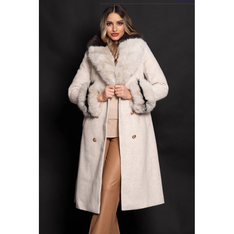 Palton dama lung elegant Aleksandra din stofa bej cu blana eco