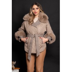 Palton dama scurt taupe Svetlana cu insertii de fas si blana eco