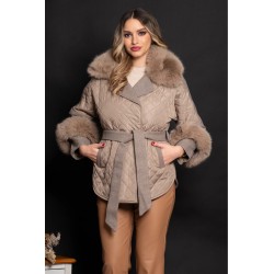 Palton dama scurt taupe Svetlana cu insertii de fas si blana eco