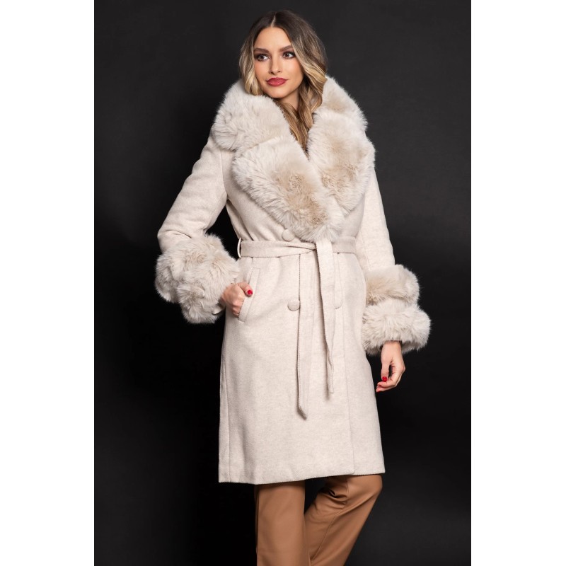 Palton elegant bej Kalina din stofa cu blana la guler si mansete