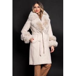 Palton elegant bej Kalina din stofa cu blana la guler si mansete