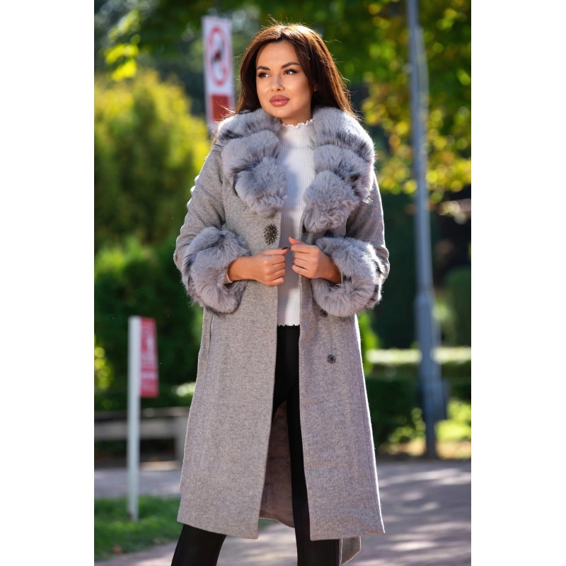 Palton din stofa Nadira gri cu blana la guler si mansete