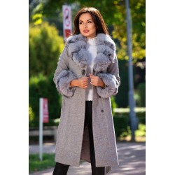 Palton din stofa Nadira gri cu blana la guler si mansete