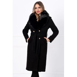 Palton din stofa negru matlasat Amarah cu blana ecologica