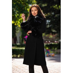 Palton din stofa Nadira negru cu blana la guler si mansete