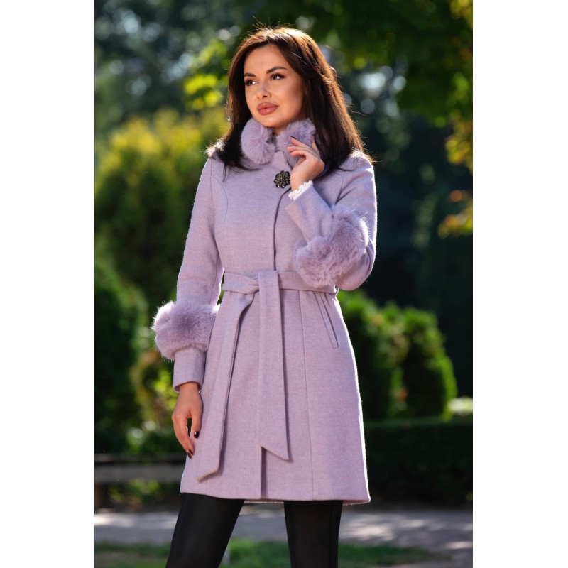 Palton elegant lila captusit Lyana din lana cu insertii de blana