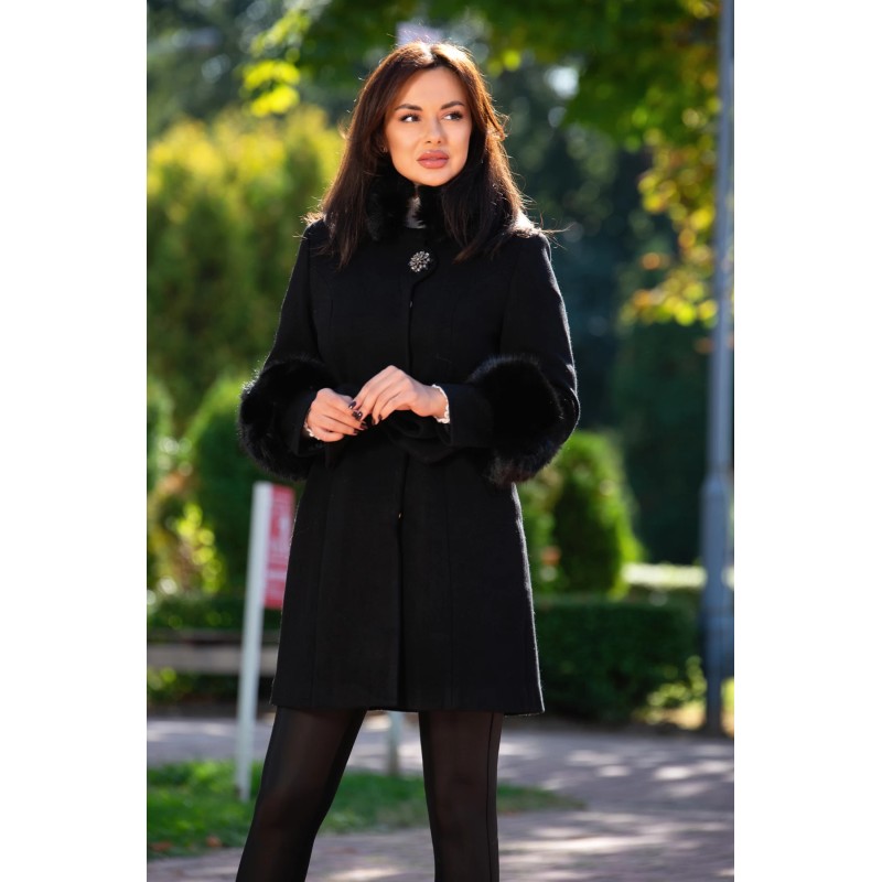 Palton elegant Lyana din lana negru captusit pe interior cu insertii de blana