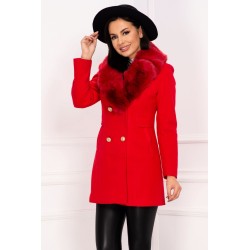 Palton elegant dama rosu din stofa cu guler din blana ecologica