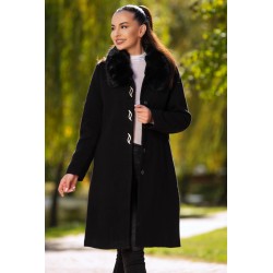 Palton dama elegant negru Anais din stofa cu guler din blana