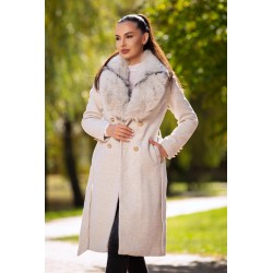 Palton din stofa bej matlasat Amarah cu blana ecologica