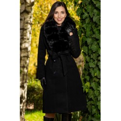 Palton dama negru lung Flavia elegant cu blana la guler