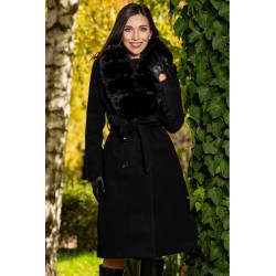 Palton dama negru lung Flavia elegant cu blana la guler