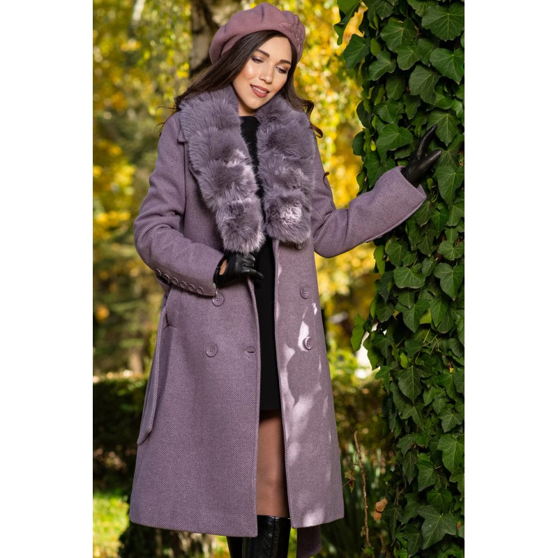 Palton dama mov lung Flavia elegant cu blana la guler