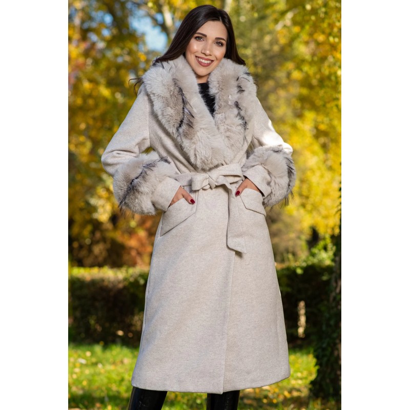 Palton dama bej elegant Fabiola din stofa cu guler din blana