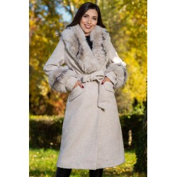 Palton dama bej elegant Fabiola din stofa cu guler din blana