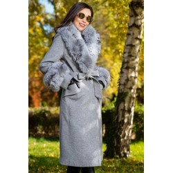 Palton dama gri elegant Fabiola din stofa cu guler din blana