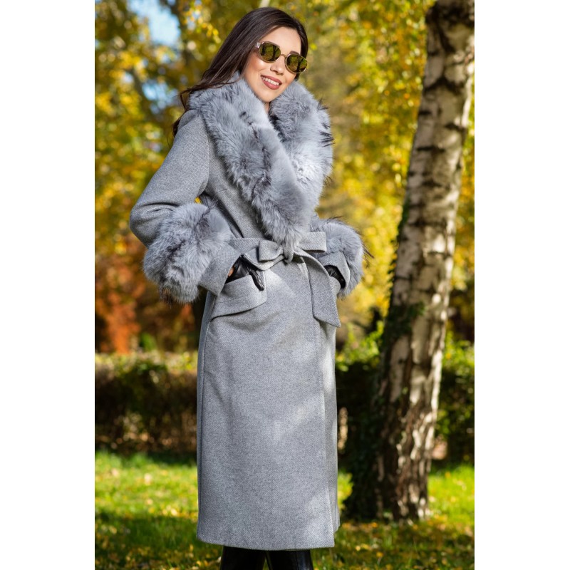 Palton dama gri elegant Fabiola din stofa cu guler din blana