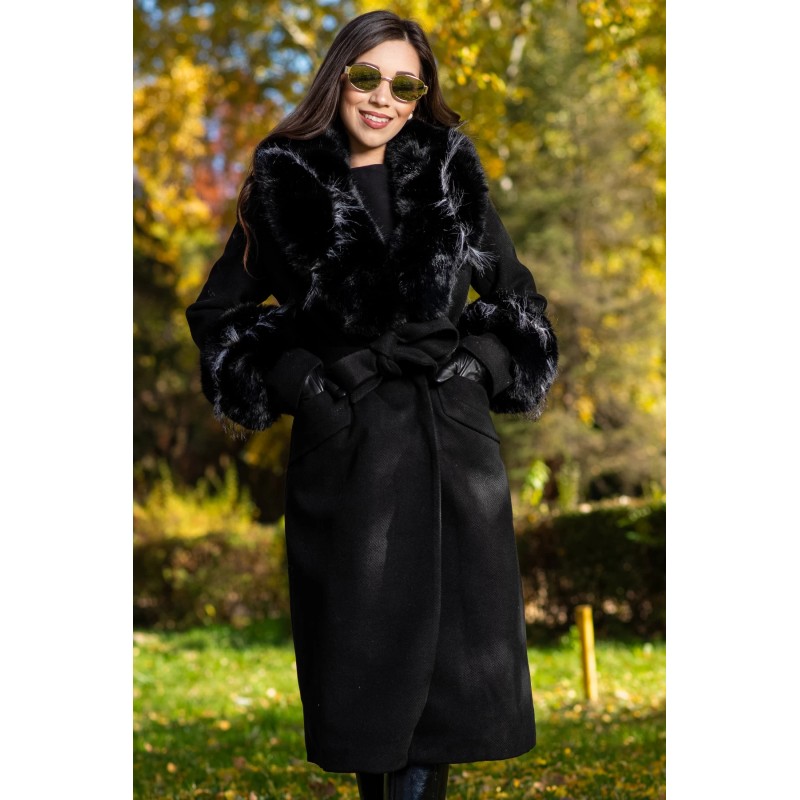 Palton dama negru elegant Fabiola din stofa cu guler din blana