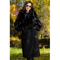 Palton dama negru elegant Fabiola din stofa cu guler din blana