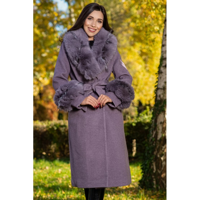 Palton dama mov elegant Fabiola din stofa cu guler din blana