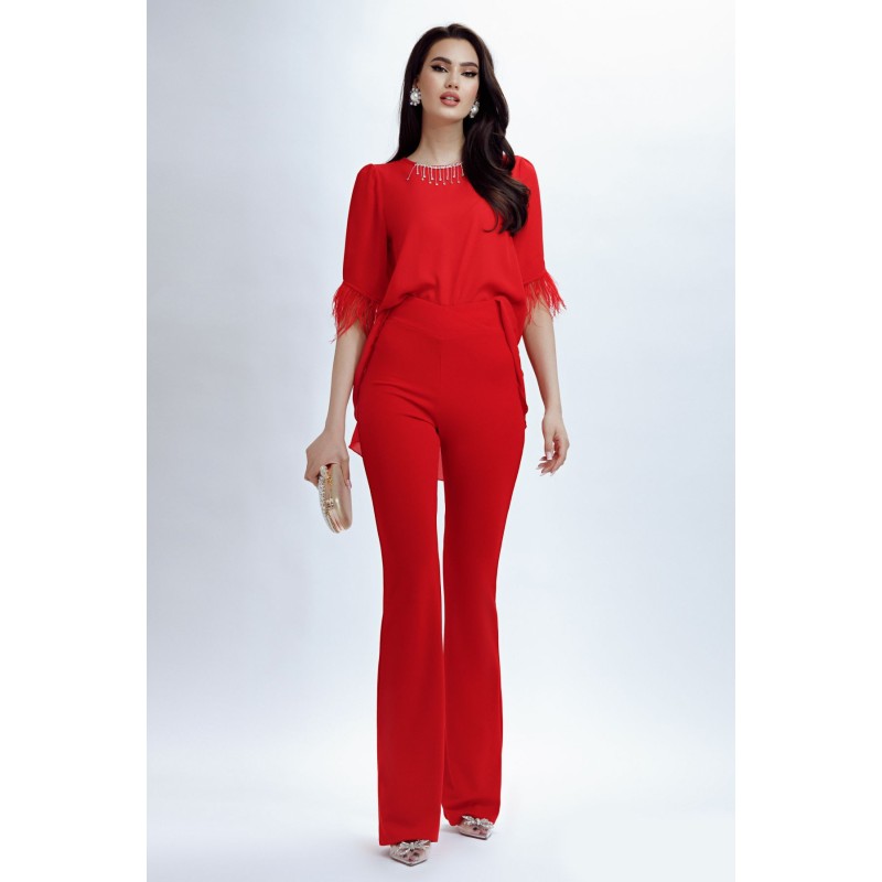 Pantaloni evazati eleganti Fofy rosii cu betelie petrecuta