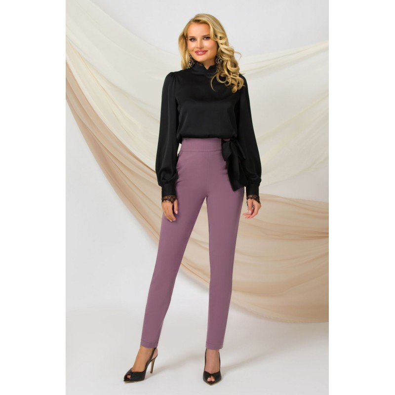 Pantaloni dama office lila Pretty Girl cu talie inalta si funda neagra satinata