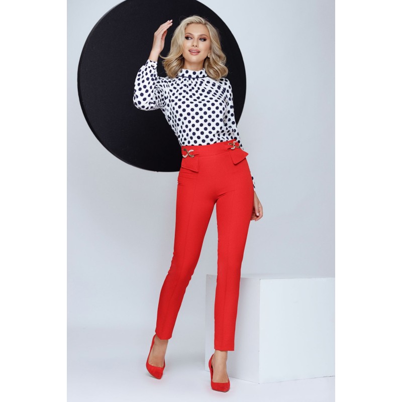 Pantaloni office Fofy rosii cu talie inalta catarame si clape decorative
