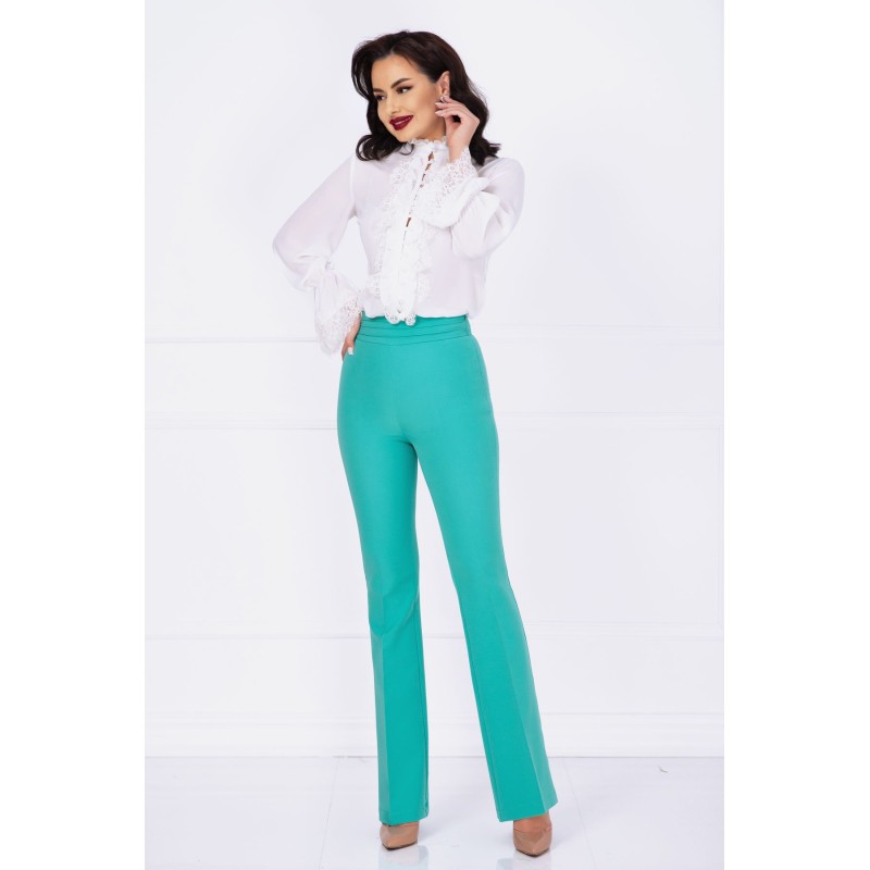 Pantaloni evazati eleganti InPuff aqua cu pliuri in talie