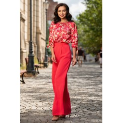 Pantaloni evazati corai din vascoza cu talie inalta