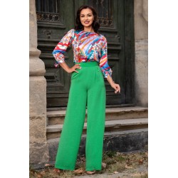 Pantaloni evazati verzi din vascoza cu talie inalta