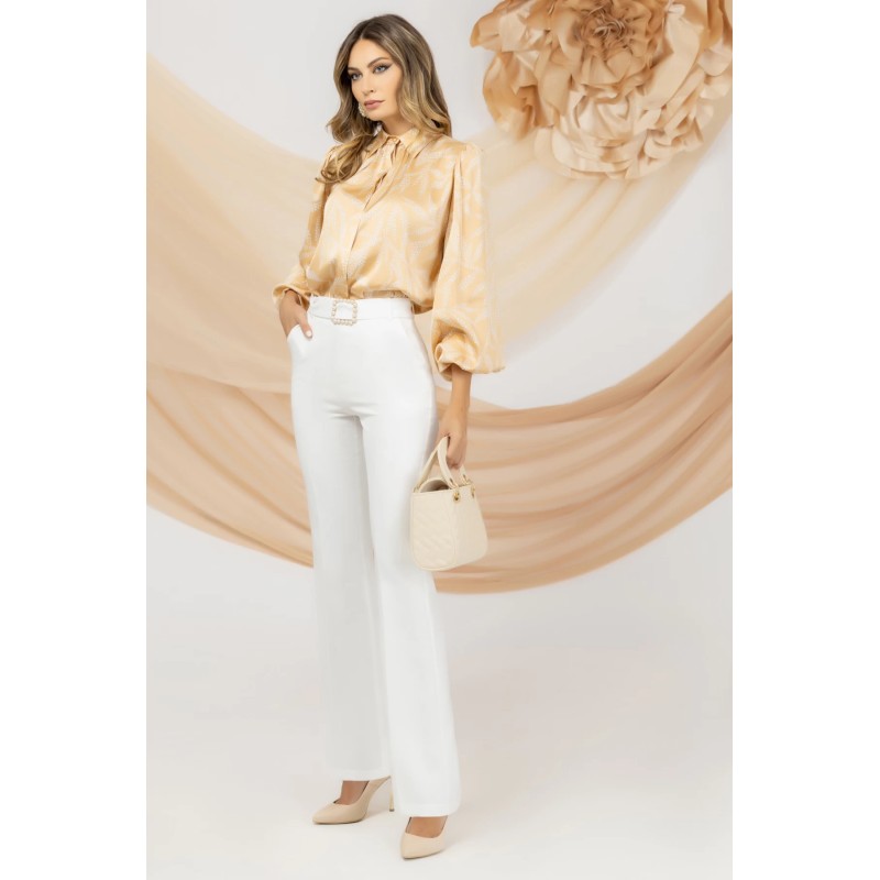 Pantaloni ecru eleganti Pretty Girl evazati cu talie inalta
