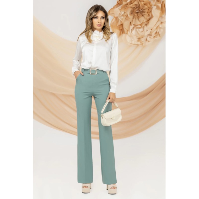 Pantaloni mint eleganti Pretty Girl evazati cu talie inalta