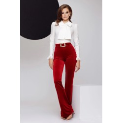 Pantaloni dama eleganti Fofy bordo din catifea cu catarama cu cristale