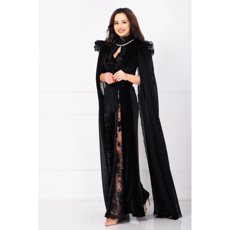 Pantaloni negri eleganti din catifea cu decupaj acoperit cu tulle brodat