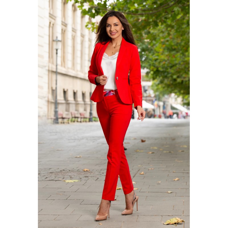 Pantaloni office dama rosii cu betelie imprimata